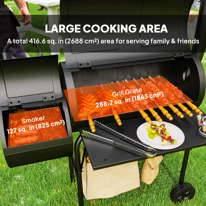 Outsunny Portable Outdoor Charcoal BBQ Grill with Offset Smoker, Barbecue Grill with Spacious Cooking Area, 2 Shelves, Thermometer, Wheels for Patio Backyard Party, Black