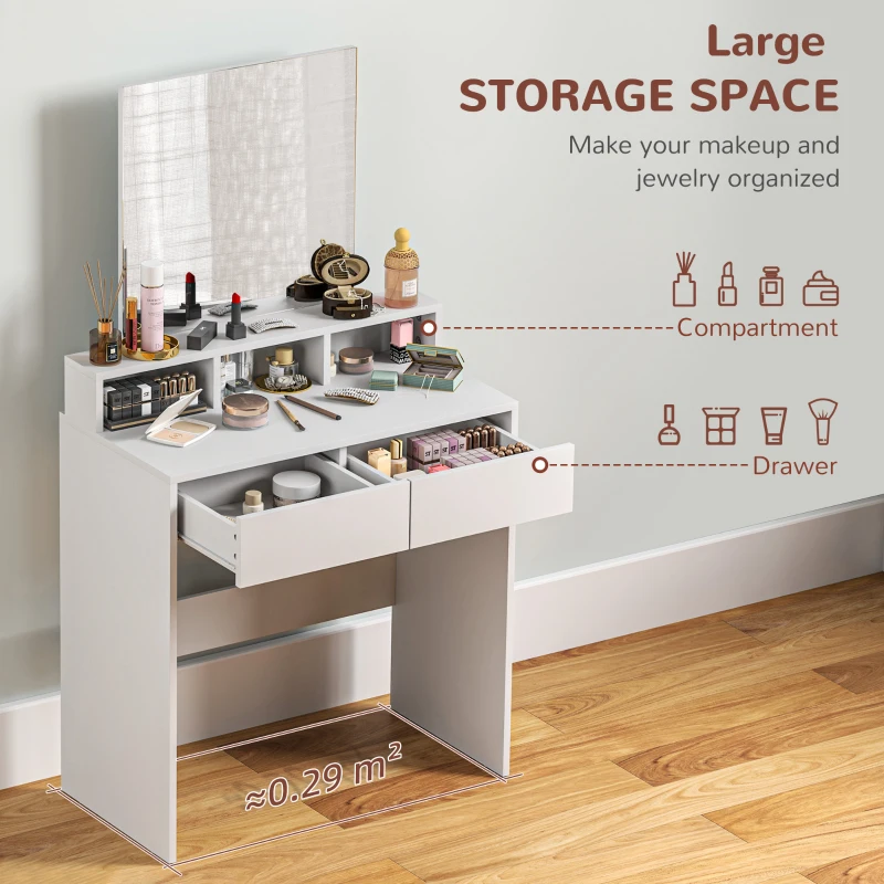HOMCOM Makeup Vanity Table with Mirror, for Bedroom, Modern Dressing Table with Drawers, Compartments, White