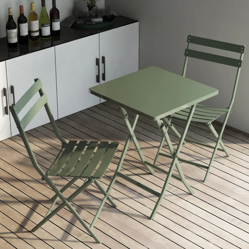 3-Piece Patio Bistro Set with Foldable Square Table and Chairs, Easy Setup, Space-Saving Design, Dark Green