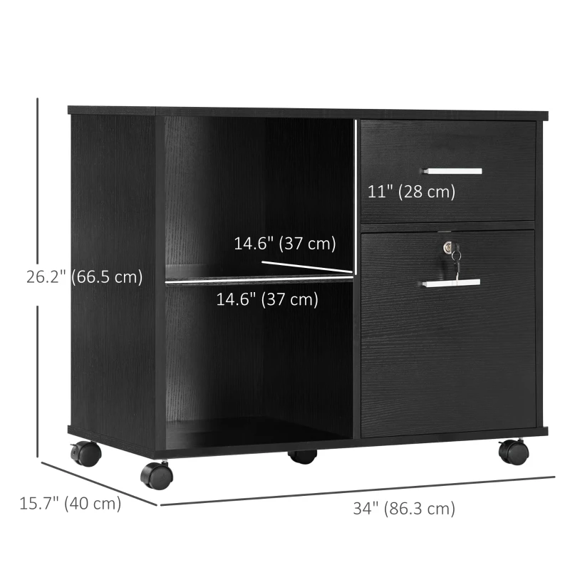 Vinsetto Lateral Filing Cabinet with Wheels, Locking File Cabinet, Mobile Printer Stand with Open Shelves and Drawers for A4 Size Documents, Black