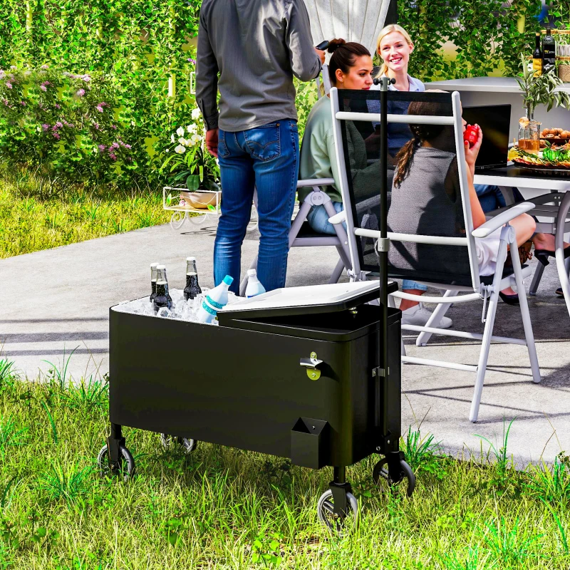 Outsunny 80-Qt Outdoor Patio Cooler Cart, Rolling Ice Chest with Adjustable Handle, Wheels, Bottle Opener, Drainage, Outdoor Beverage Cooler Bar Cart for Party BBQ Camping, Black