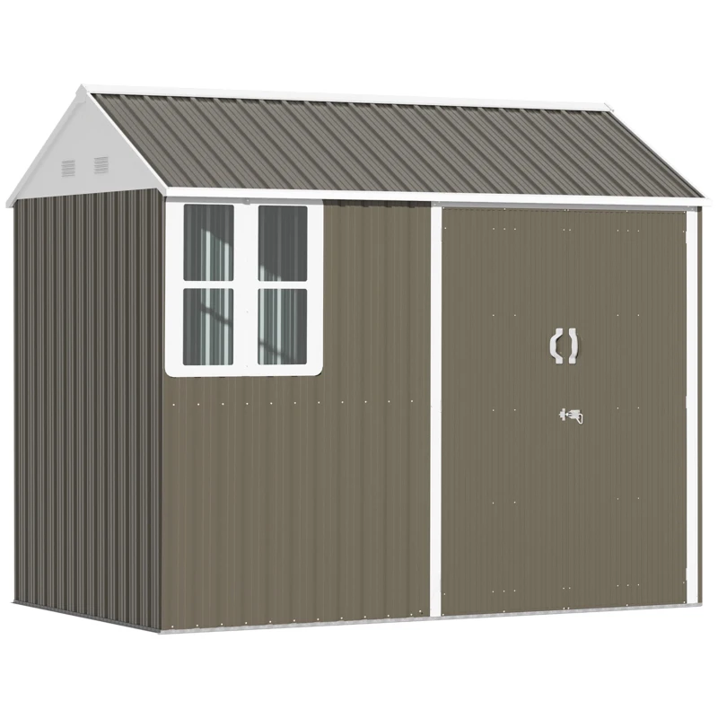 Outsunny 8.5' x 5.5' Metal Garden Storage Shed, Outdoor Tool Storage House with Lockable Door, Vents, Sloped Roof, Light Grey