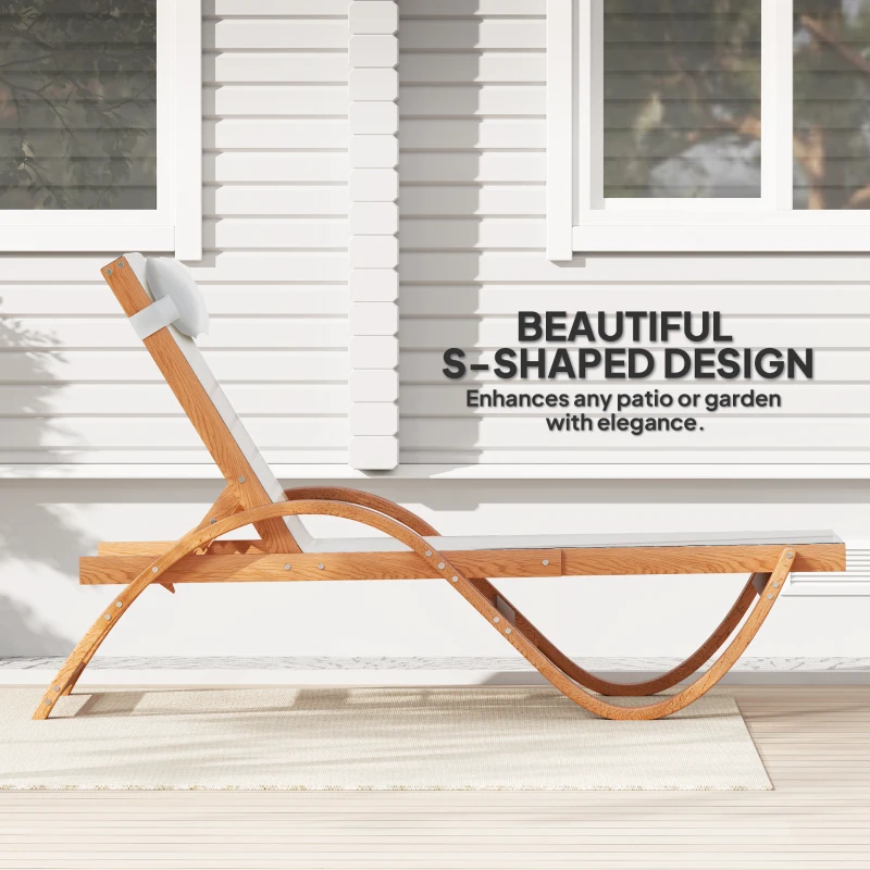 Outsunny Larch Wood Lounge Chair, 4-Level Adjustable Tanning Chair, Full Flat Patio Lounger with Mesh Seat, Cream White