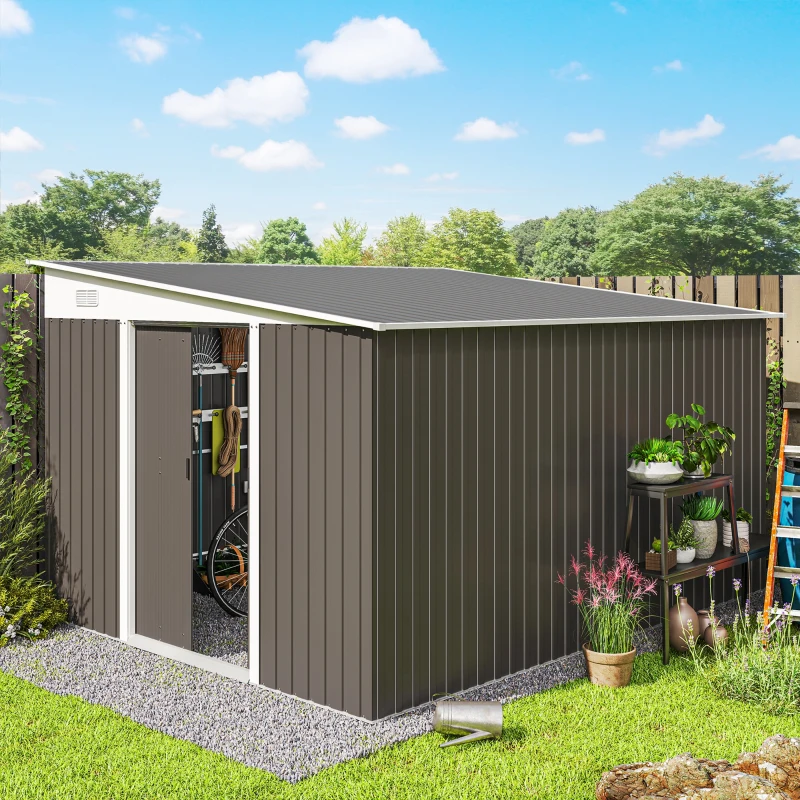 Outsunny 11' x 9' Steel Garden Storage Shed, Outdoor Metal Tool House with Double Sliding Doors & 2 Air Vents, Grey