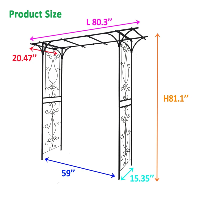 Sturdy Iron Trellis with Anti-Rust Coating, Easy Assembly, Metal Garden Arch for Climbing Plants, 80.5" L x 20.5" W x 81" H, Black