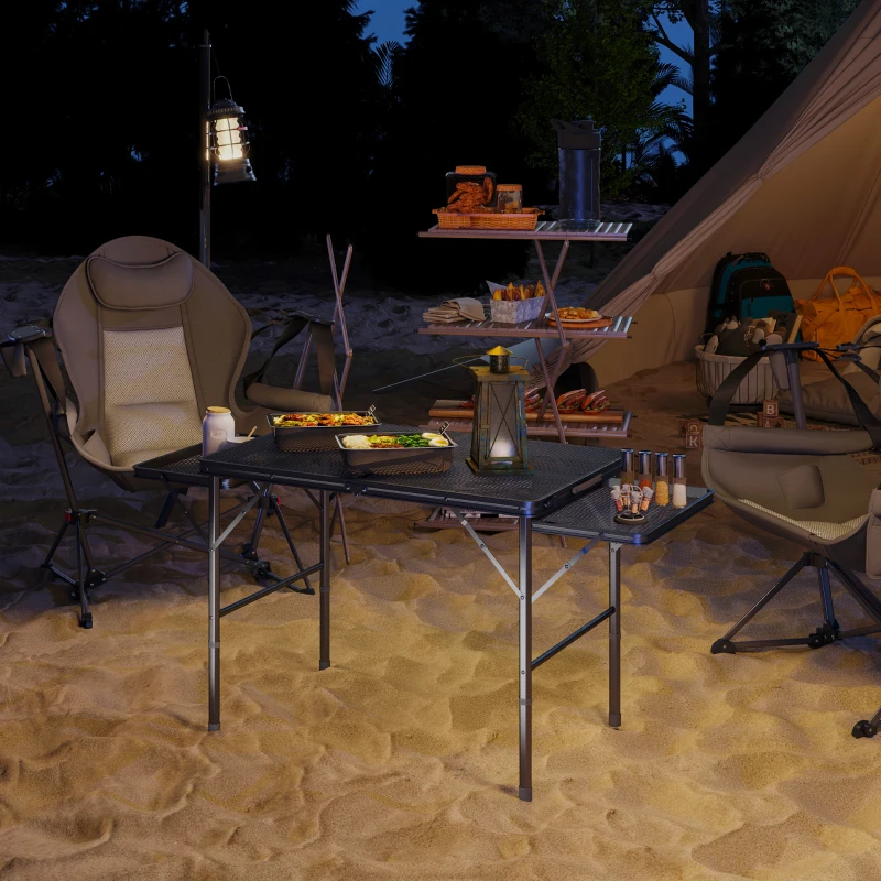 Outsunny Folding Camping Table, 4.5ft Portable Table with 2 Wing Panels, Height Adjustable Metal Picnic Table