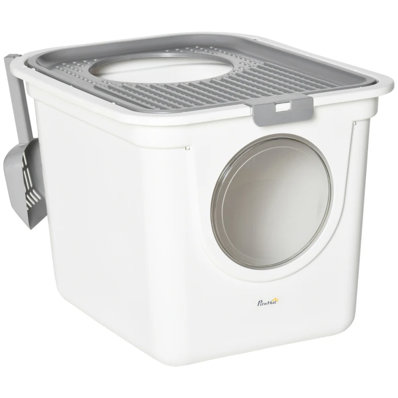 PawHut Covered Cat Litter Box, Easy Cleaning Kitty Litter Box with Front Entrance, Top Exit, Scoop, for Odor Control, White