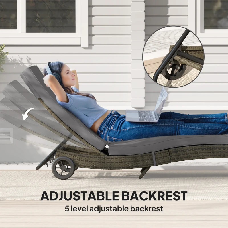 Outsunny Patio Wicker Chaise Lounge Chair, Outdoor PE Rattan Sun lounger with Adjustable Backrest and 2 Wheels, Gray