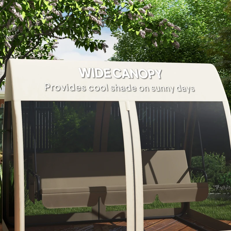 Outsunny 3 Seat Outdoor Swing Chair Convertible Covered Day Bed with Canopy, Mesh Netting, Steel Stand for Garden, Patio, Coffee(m-6)