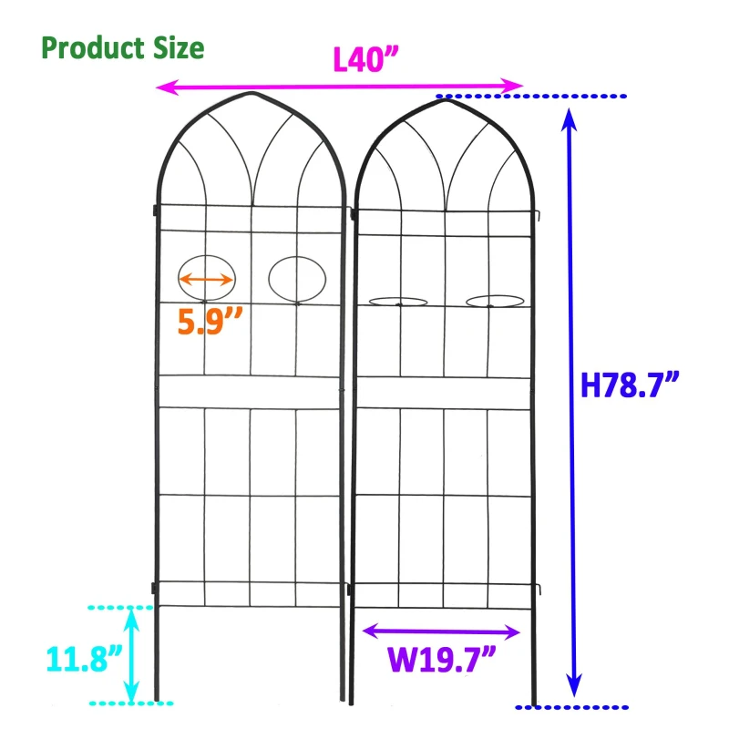 2 Pack Rustproof Metal Garden Trellis with 2 Pot Holders, Climbing Plant Support for Outdoor Flowers, 40" L x 79" H, Black