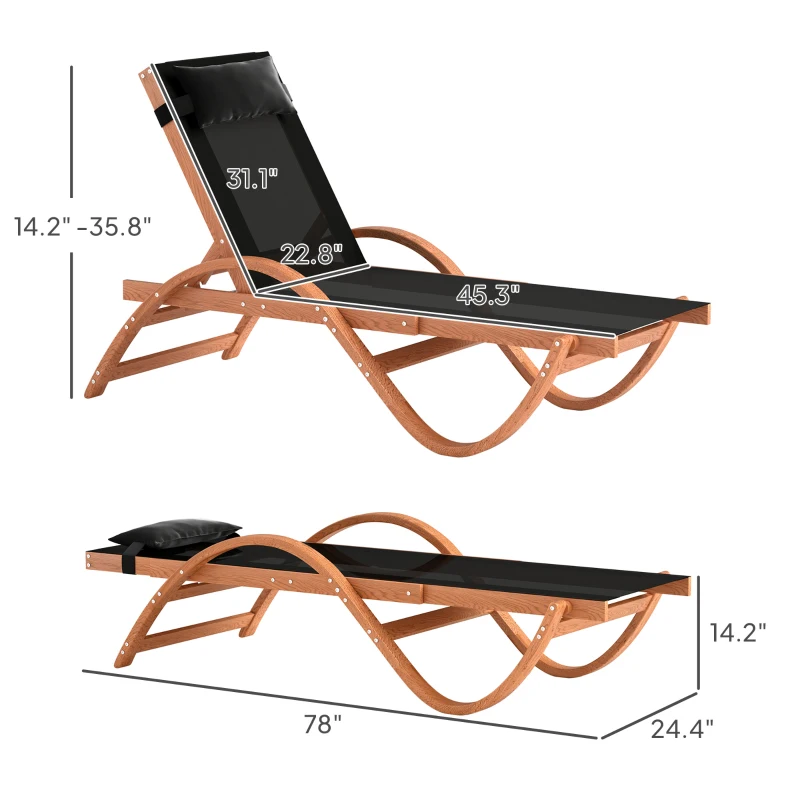 Outsunny Larch Wood Lounge Chair, 4-Level Adjustable Tanning Chair, Full Flat Patio Lounger with Mesh Seat, Black