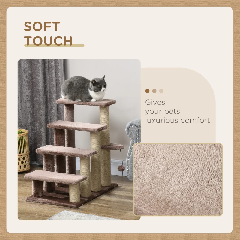 PawHut 4 Levels Cat Steps with Scratching Posts for High Bed, Sofa, Brown