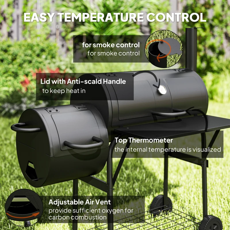 Outsunny Portable Outdoor Charcoal BBQ Grill with Offset Smoker, Barbecue Grill with Spacious Cooking Area, 2 Shelves, Thermometer, Wheels for Patio Backyard Party, Black