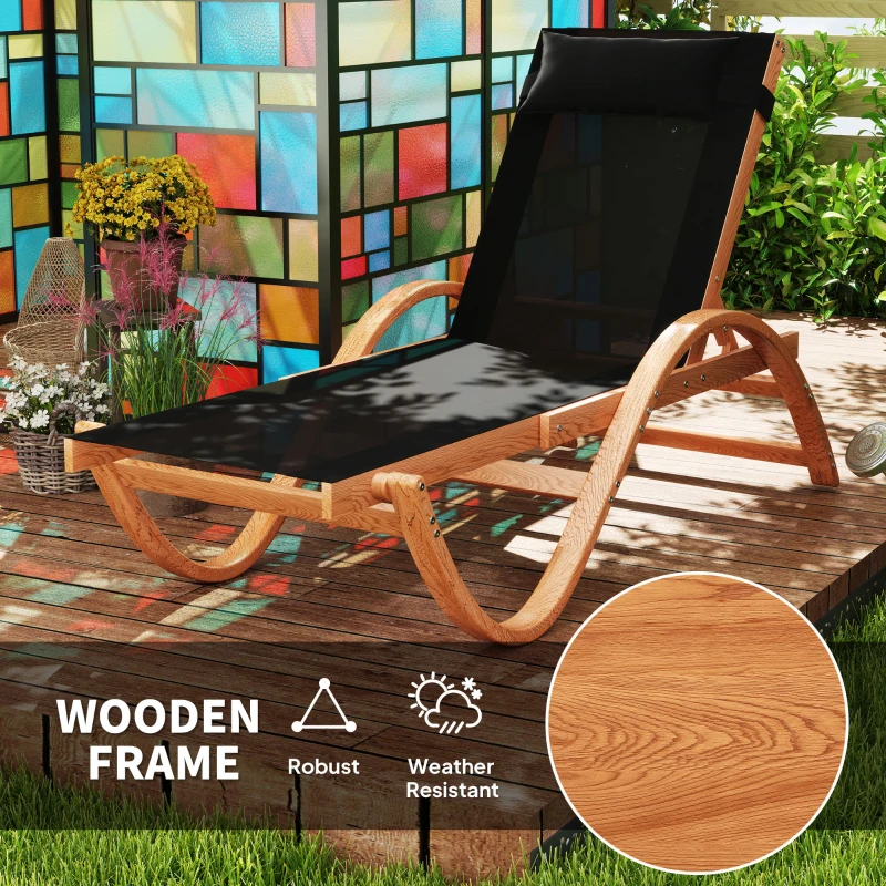 Outsunny Larch Wood Lounge Chair, 4-Level Adjustable Tanning Chair, Full Flat Patio Lounger with Mesh Seat, Black