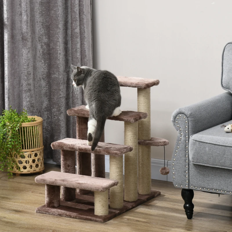 PawHut 4 Levels Cat Steps with Scratching Posts for High Bed, Sofa, Brown