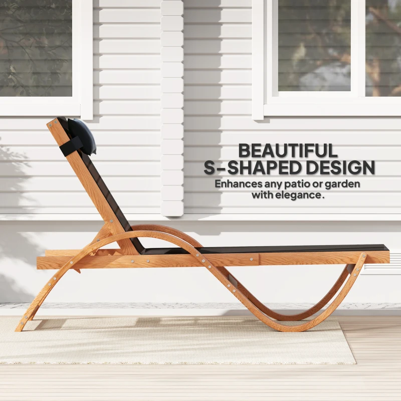 Outsunny Larch Wood Lounge Chair, 4-Level Adjustable Tanning Chair, Full Flat Patio Lounger with Mesh Seat, Black