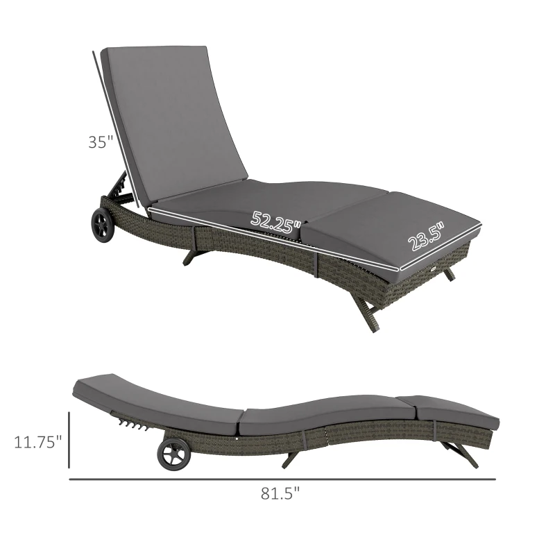 Outsunny Patio Wicker Chaise Lounge Chair, Outdoor PE Rattan Sun lounger with Adjustable Backrest and 2 Wheels, Gray