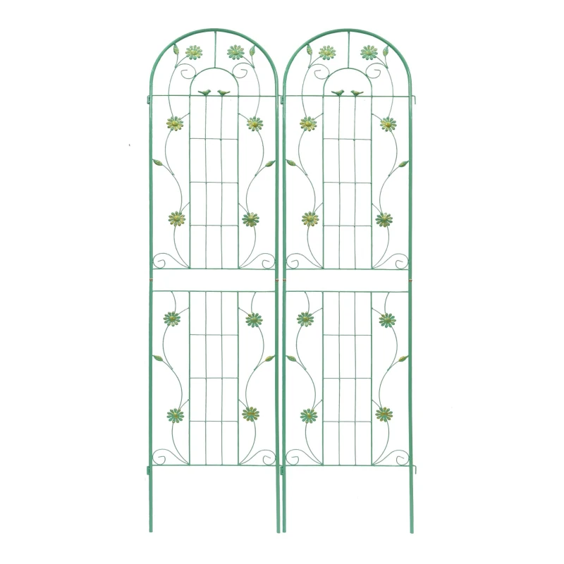4 Pack Metal Garden Trellis with Bird and Flower Decorations, Rustproof Climbing Plant Support, 87" Tall for Outdoor Flowers, Green