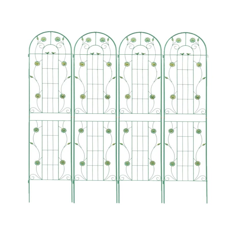 4 Pack Metal Garden Trellis with Bird and Flower Decorations, Rustproof Climbing Plant Support, 87" Tall for Outdoor Flowers, Green