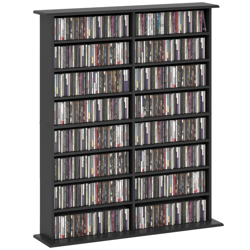 HOMCOM 8-Tier DVD Shelf with 12 Adjustable Shelves, Double CD Shelf, Holds 720 CDs, 396 DVDs or 396 Blu-rays, Black