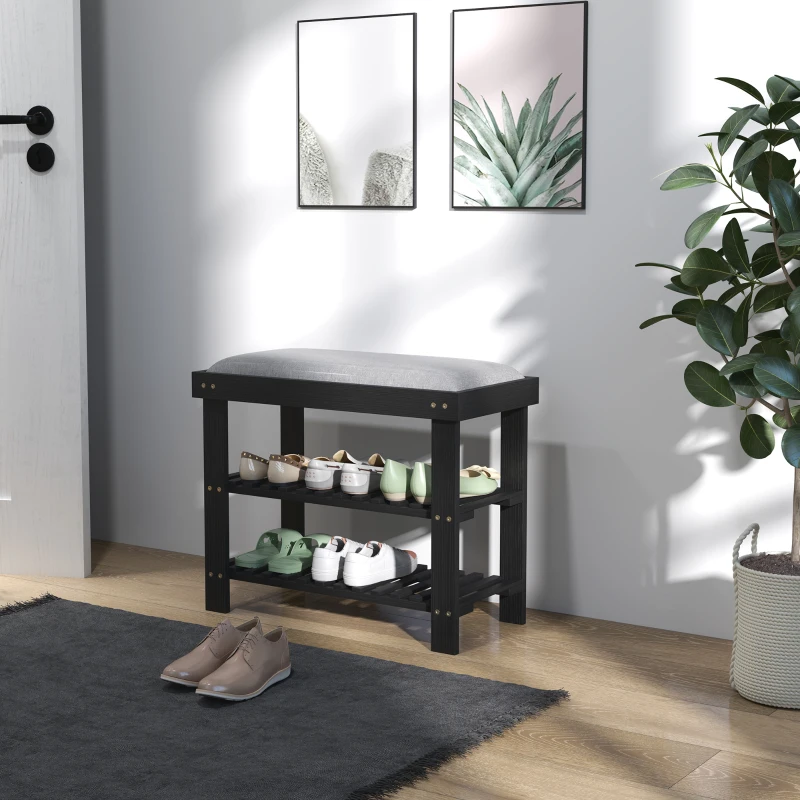HOMCOM Bamboo Shoe Storage Bench, 3-Tier Entryway Bench with Cushion, Shoe Organizer for Entryway, Hallway, Black