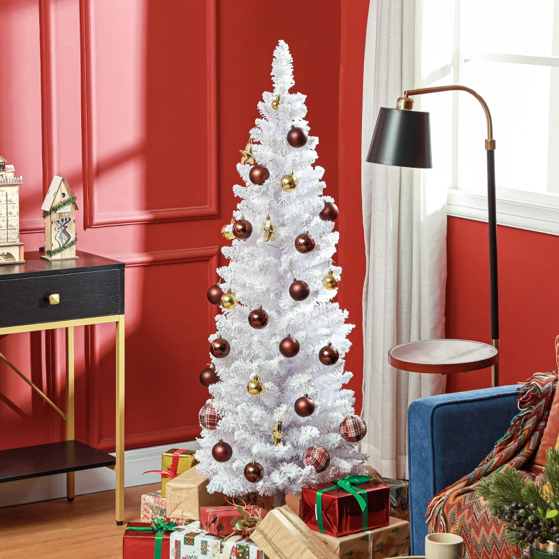 HOMCOM 5ft White Christmas Tree, Flocked Pencil Christmas Tree with 246 Branch Tips and Metal Base for Home, Indoor, Holiday