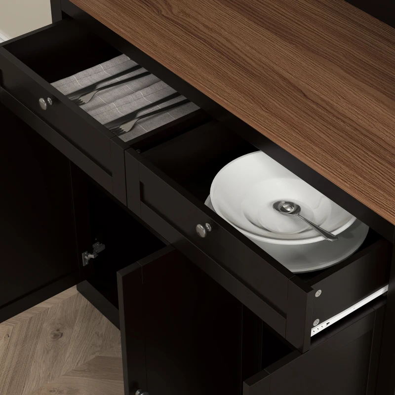 HOMCOM 71" Pantry Cabinet with Microwave Space, Buffet with Hutch, 2 Drawers, Adjustable Shelves and Glass Doors, Black