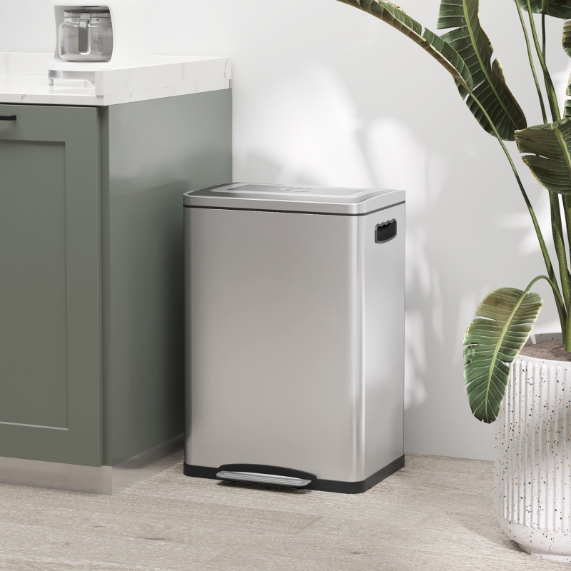 HOMCOM 2x5.3 gal (2x20 L) Garbage Bin, Stainless Steel Garbage Can with Soft-Close Lid and Removable Inner Buckets, Silver
