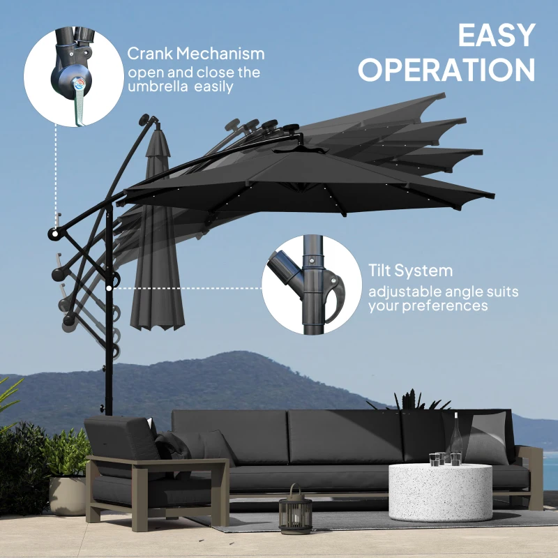 Outsunny 10ft Outdoor Cantilever Umbrella Banana Umbrella with Solar Lights and Adjustable Angle for Patio Backyard Black