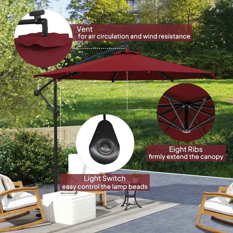 Outsunny 10ft Outdoor Cantilever Umbrella Banana Umbrella with Solar Lights and Adjustable Angle for Patio Backyard Wine Red