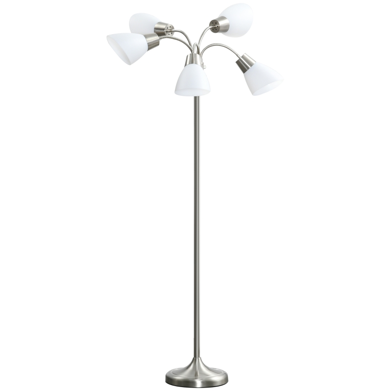 HOMCOM Arc Tree Floor Lamp with 5 Adjustable Rotating Lights, Modern Standing Gooseneck Reading Light for Living Room Bedroom Office, Satin Nickel