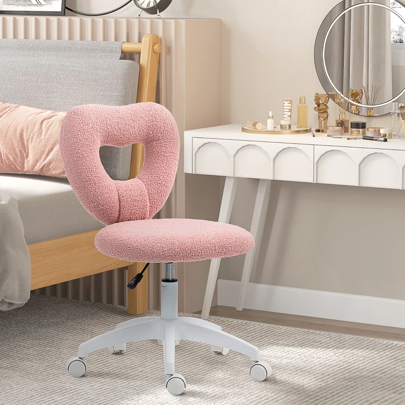 HOMCOM Armless Computer Desk Chair, Office Task Chair, Teddy Fleece Heart Makeup Vanity Chair with Swivel Wheels, Pink
