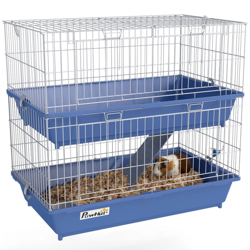 PawHut Metal Small Animal Cage, 2-Tier Guinea Pig Cage with 2 Doors, Platforms, Wide Ramp, Dish and Bottle, Deep Base, for Ferrets, Chinchillas, Bunnies, Blue