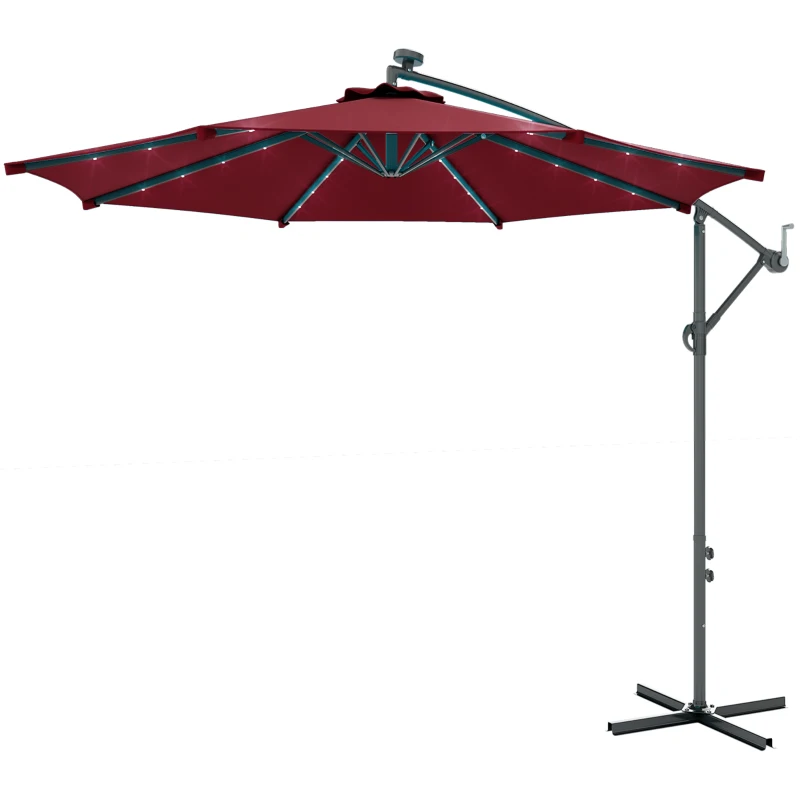 Outsunny 10ft Outdoor Cantilever Umbrella Banana Umbrella with Solar Lights and Adjustable Angle for Patio Backyard Wine Red