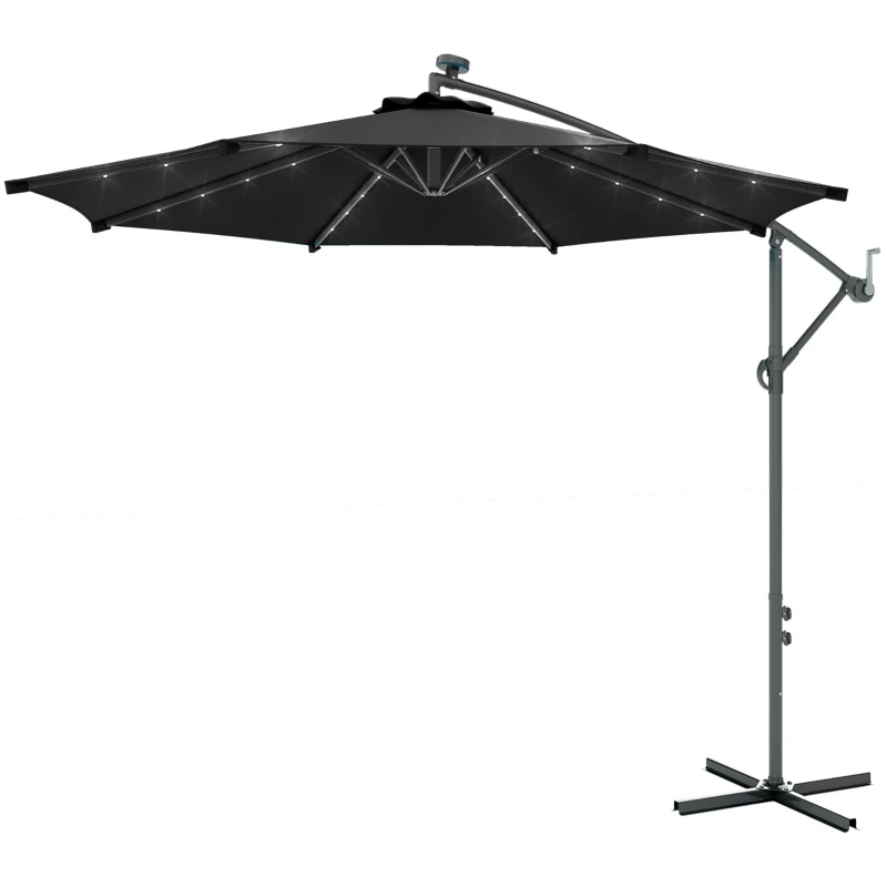 Outsunny 10ft Outdoor Cantilever Umbrella Banana Umbrella with Solar Lights and Adjustable Angle for Patio Backyard Black