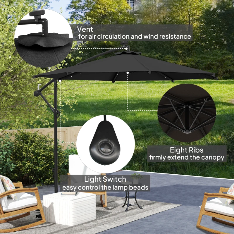 Outsunny 10ft Outdoor Cantilever Umbrella Banana Umbrella with Solar Lights and Adjustable Angle for Patio Backyard Black