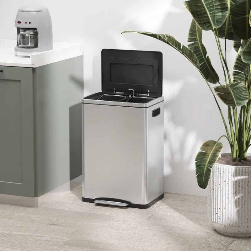 HOMCOM 2 x 20 Liter Garbage Bin, Stainless Steel Garbage Can with Soft-Close Lid and Removable Inner Buckets, Silver