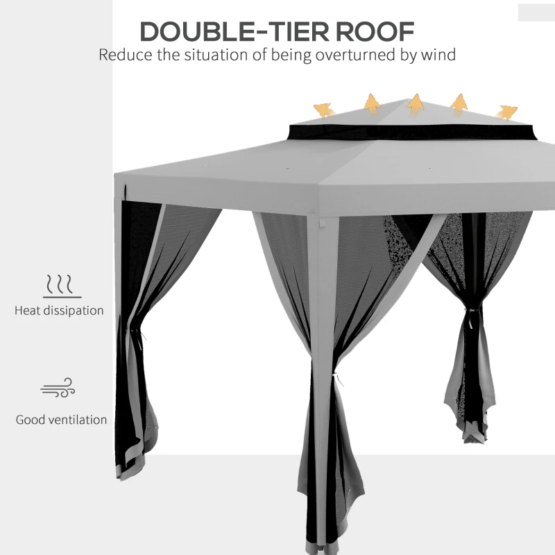 Outsunny 10' x 10' Outdoor Canopy Tent Party Tent with Mesh Netting and Double Tier Roof for Backyard, Garden, Patio, Light Grey