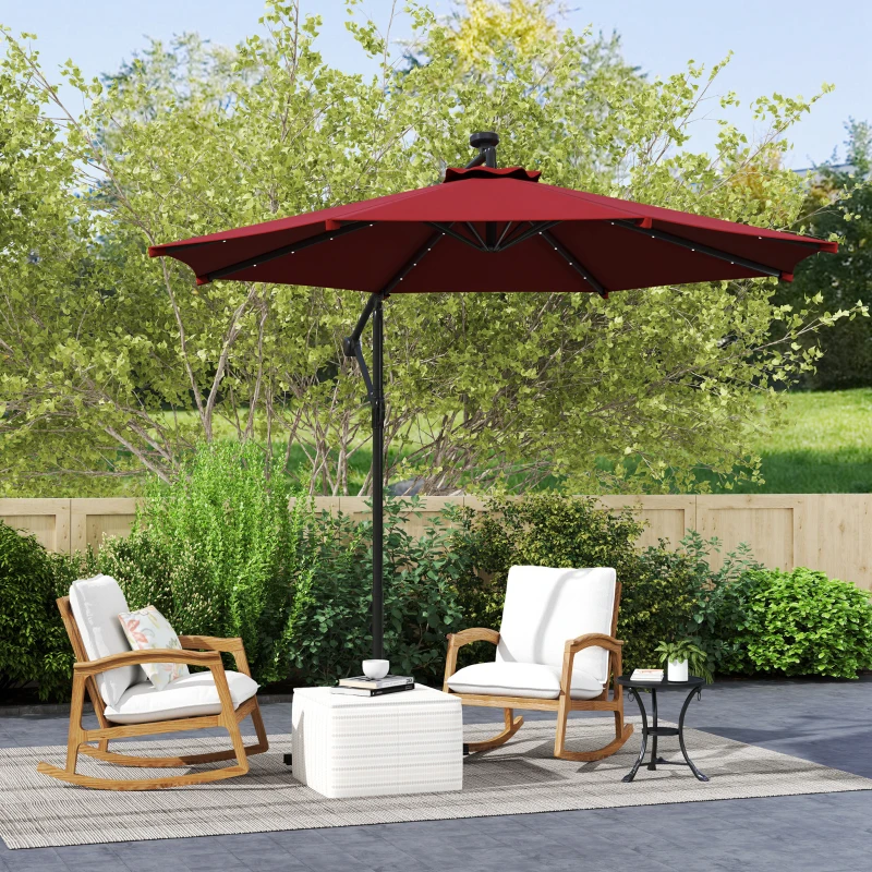 Outsunny 10ft Outdoor Cantilever Umbrella Banana Umbrella with Solar Lights and Adjustable Angle for Patio Backyard Wine Red