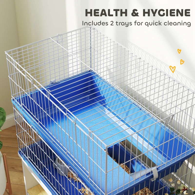 PawHut Metal Small Animal Cage, 2-Tier Guinea Pig Cage with 2 Doors, Platforms, Wide Ramp, Dish and Bottle, Deep Base, for Ferrets, Chinchillas, Bunnies, Blue
