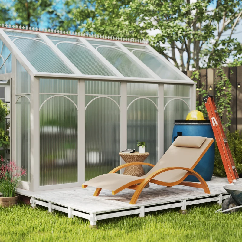 Outsunny Outdoor Wood Chaise Lounge Chair Recliner Patio Camping with Headrest, Teak & Light Khaki