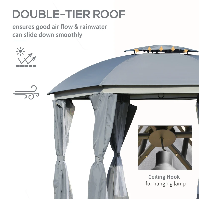 Outsunny 12' x 12' Outdoor Gazebo Canopy, Dome Patio Gazebo Netting Sidewalls and Curtains, Double Vented Roof, Dark Grey