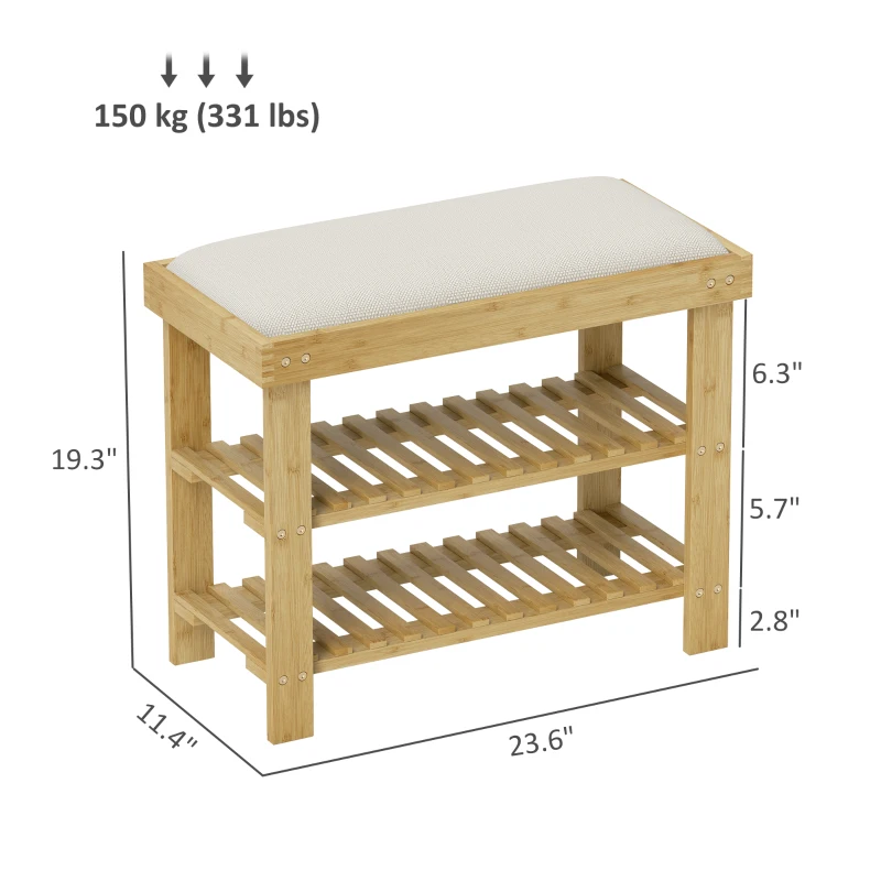 HOMCOM Bamboo Shoe Storage Bench, 3-Tier Entryway Bench with Cushion, Shoe Organizer for Entryway, Hallway, Cream White