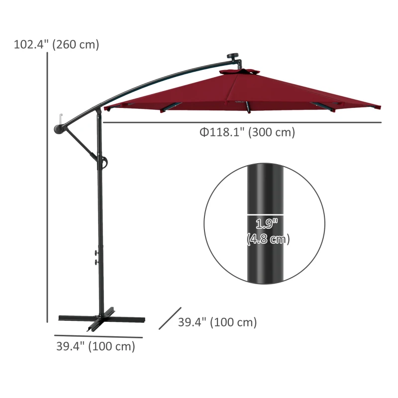 Outsunny 10ft Outdoor Cantilever Umbrella Banana Umbrella with Solar Lights and Adjustable Angle for Patio Backyard Wine Red