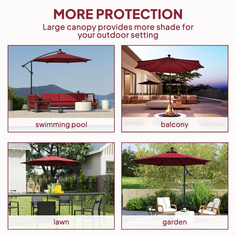 Outsunny 10ft Outdoor Cantilever Umbrella Banana Umbrella with Solar Lights and Adjustable Angle for Patio Backyard Wine Red