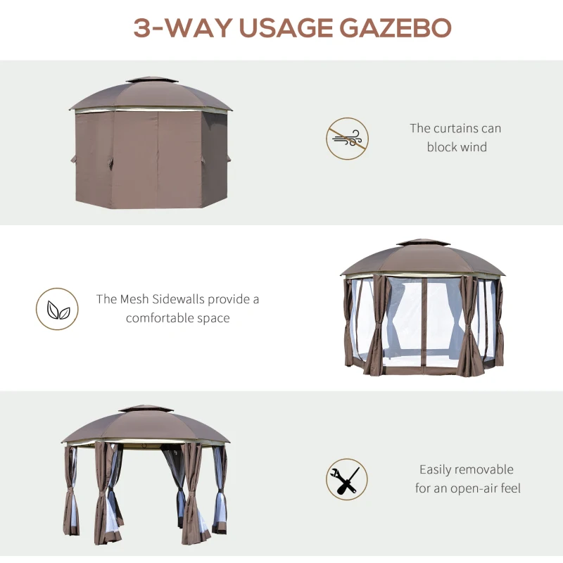 Outsunny 12' x 12' Outdoor Gazebo Canopy, Dome Patio Gazebo Netting Sidewalls and Curtains, Double Vented Roof, Brown