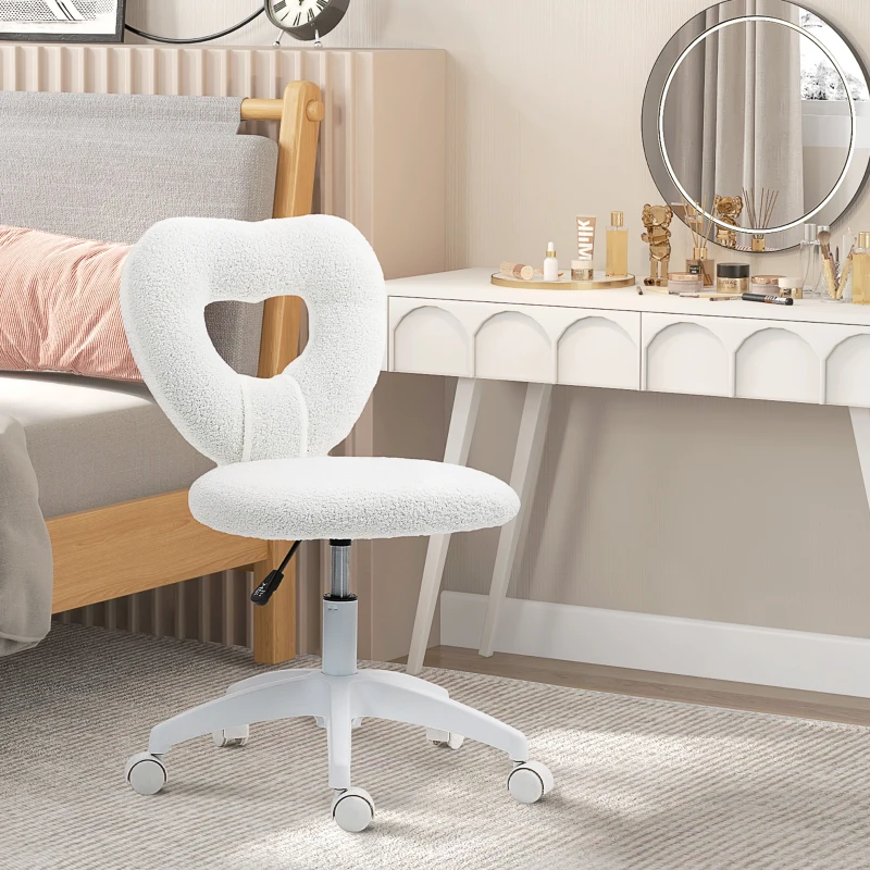 HOMCOM Armless Computer Desk Chair, Office Task Chair, Teddy Fleece Heart Makeup Vanity Chair with Swivel Wheels, White
