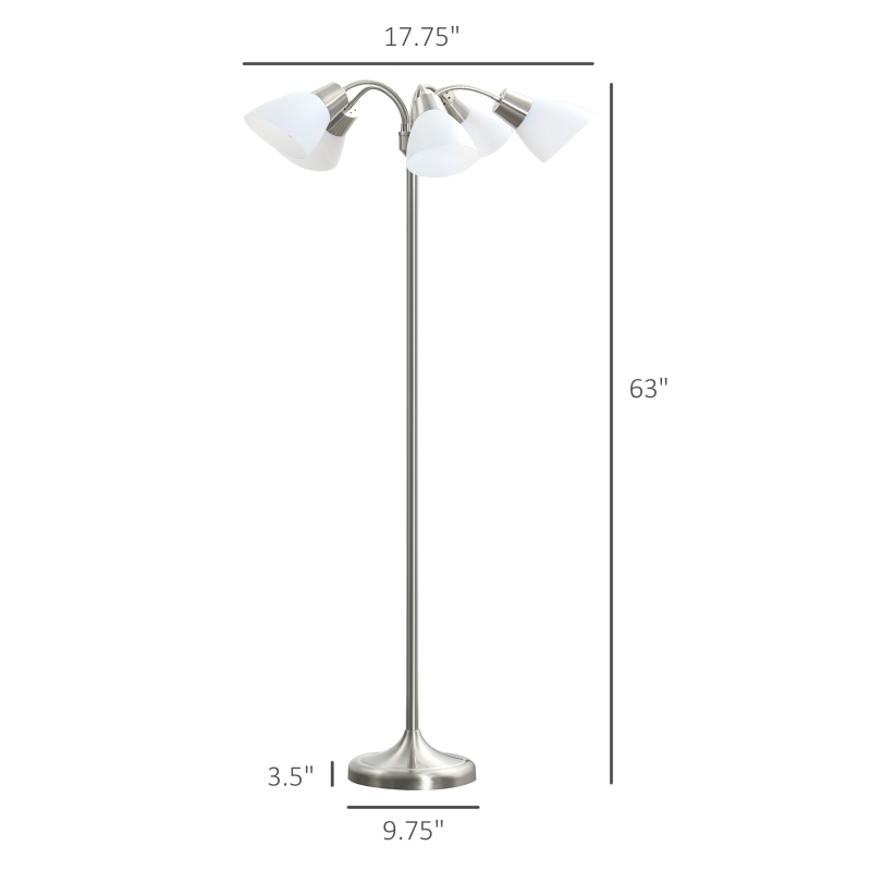 HOMCOM Arc Tree Floor Lamp with 5 Adjustable Rotating Lights, Modern Standing Gooseneck Reading Light for Living Room Bedroom Office, Satin Nickel