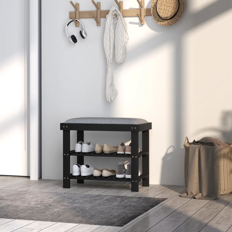 HOMCOM Bamboo Shoe Storage Bench, 3-Tier Entryway Bench with Cushion, Shoe Organizer for Entryway, Hallway, Black