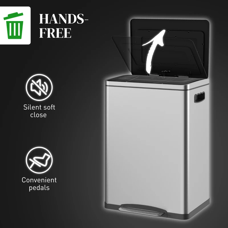 HOMCOM 2 x 20 Liter Garbage Bin, Stainless Steel Garbage Can with Soft-Close Lid and Removable Inner Buckets, Silver
